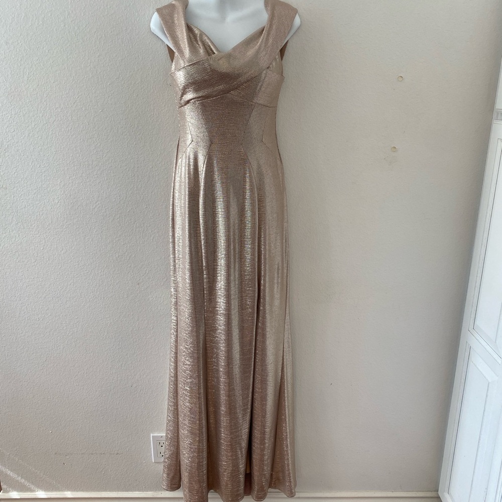 Morgan & Co full length gold metallic off the shoulder, sleeveless evening gown